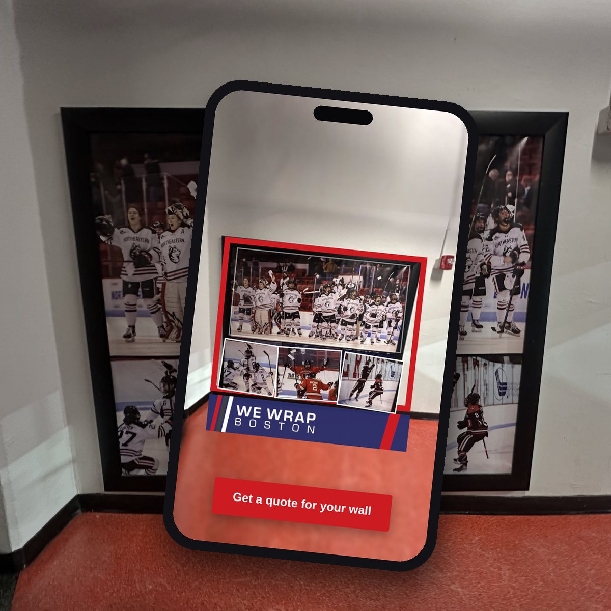 Phone showing photos lifting off an athletic photo wall