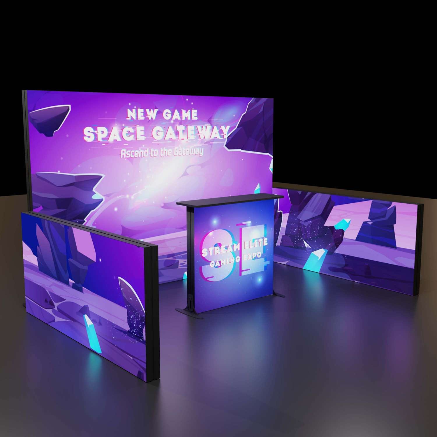 Backlit booth kit with a curved backwall, a counter and a side wall