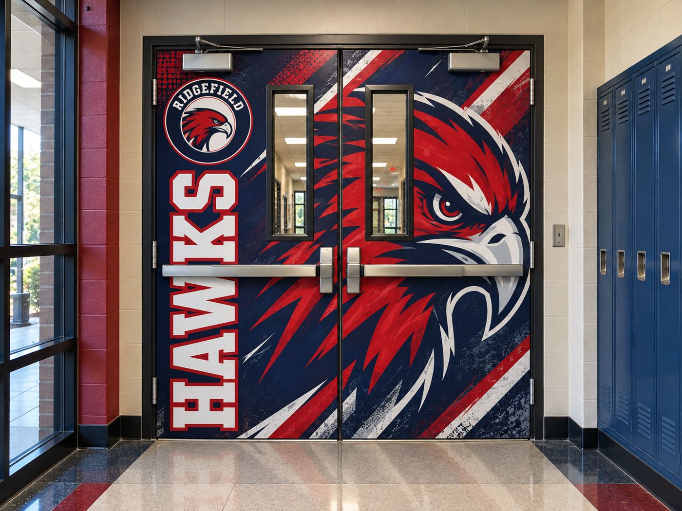 Hawk mascot head and vertical team name on hallway doors