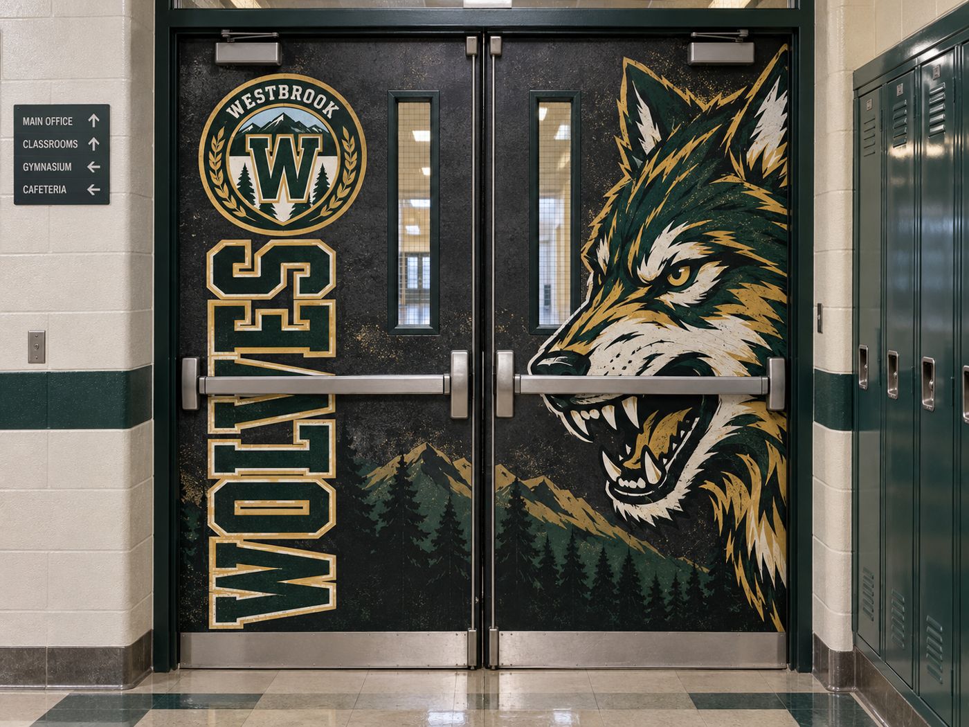 Wolf mascot head and vertical team name in green and gold