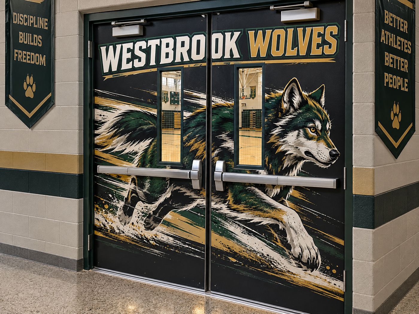Wolf running across a pair of gym doors