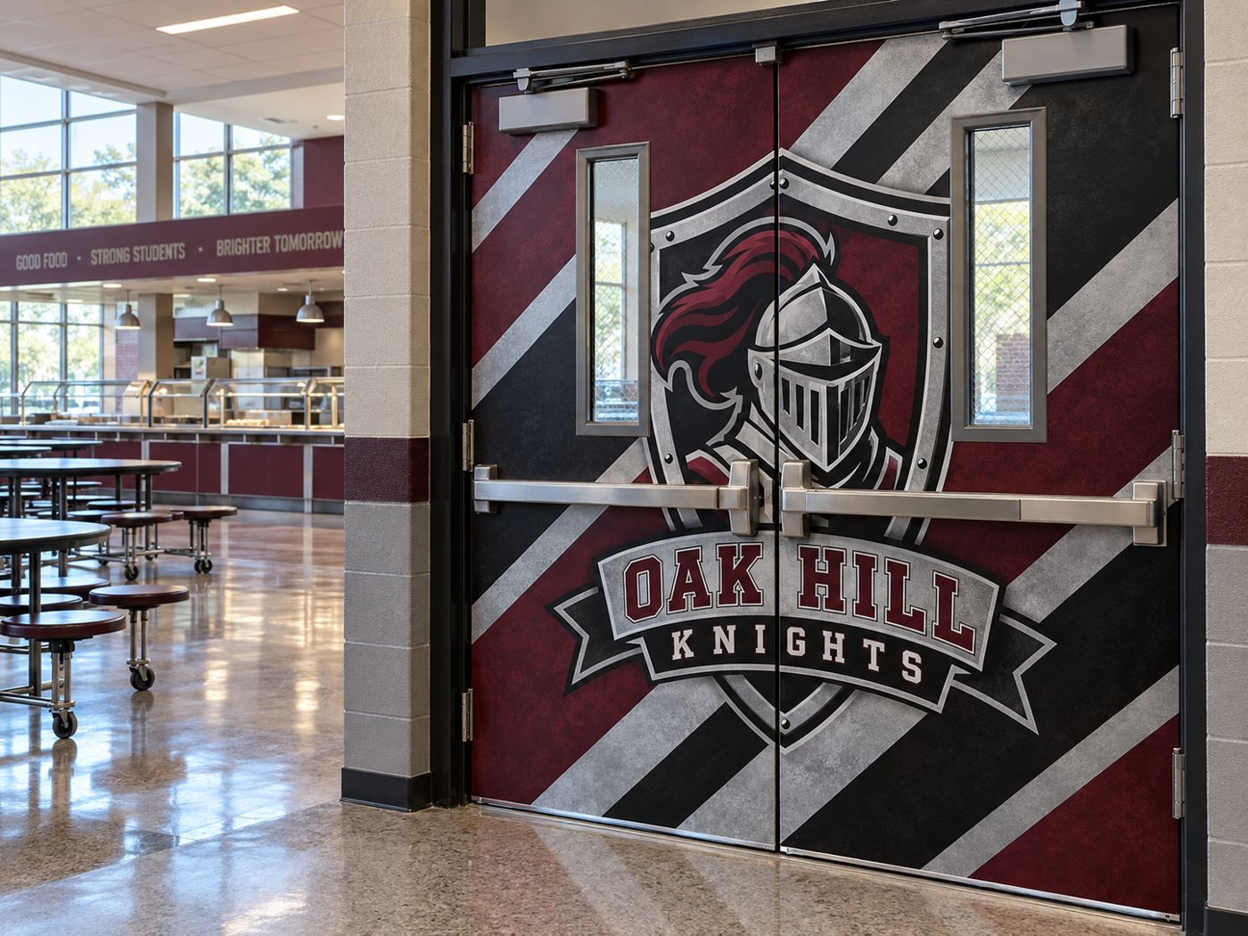 Knight shield crest over diagonal stripes on cafeteria doors
