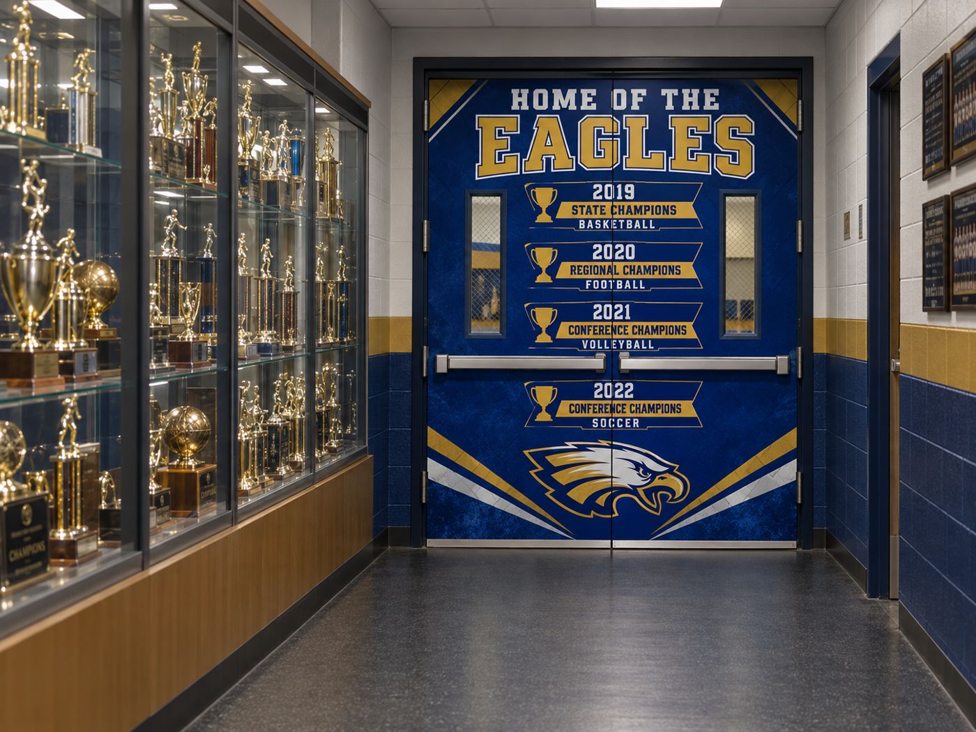 Championship banners and mascot on athletic hallway doors