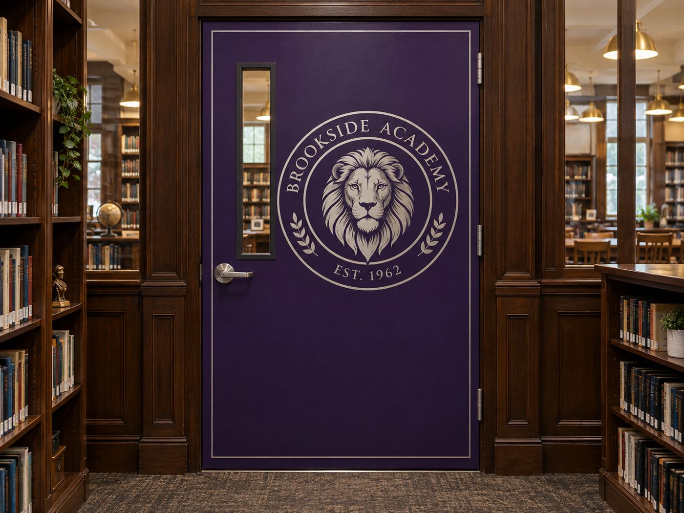 Single library door with a minimal purple crest design