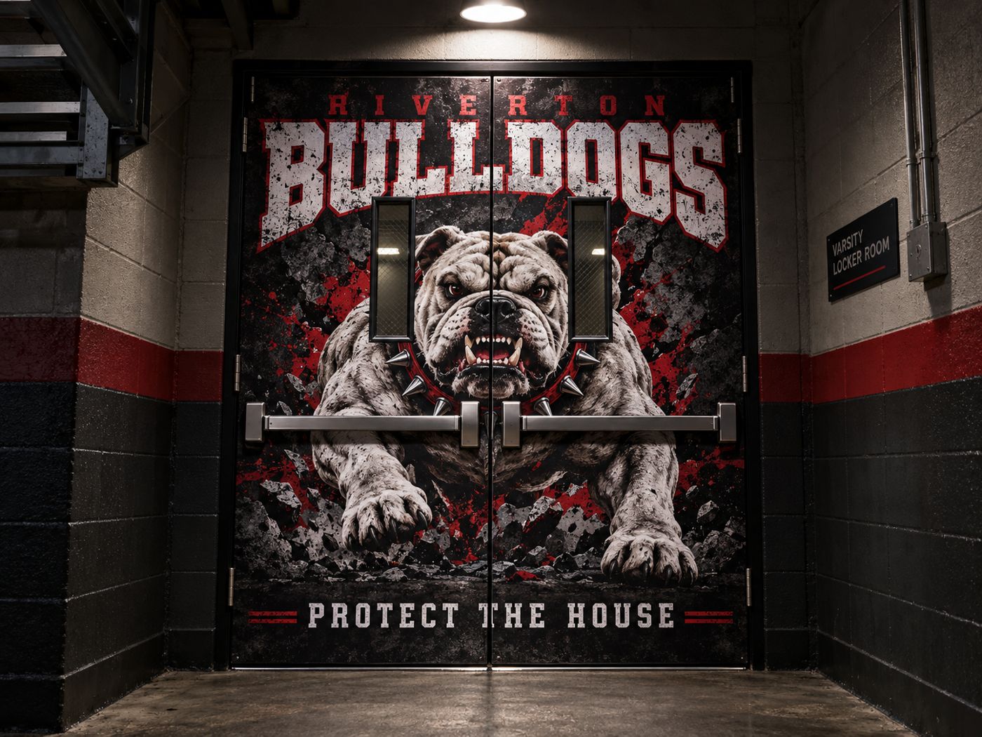 Bulldog charging through locker room doors with distressed lettering