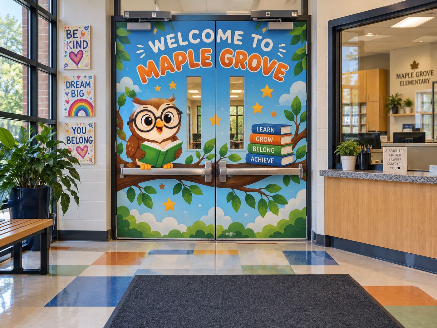 Friendly owl mascot welcome design on elementary school doors