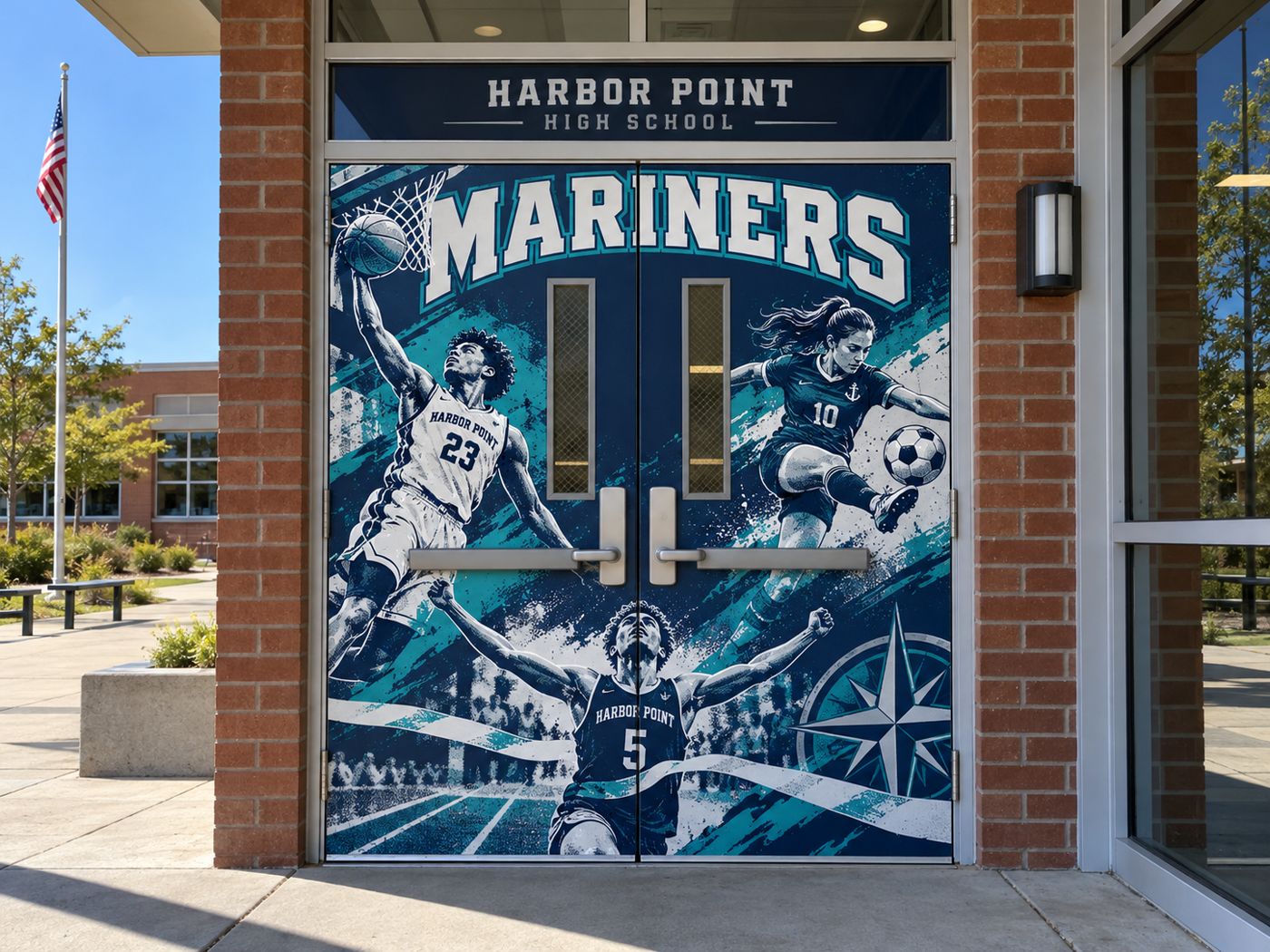 Illustrated athlete action collage on exterior school entrance doors