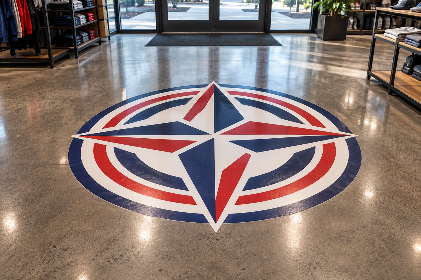 Laminated floor graphic at a retail store entrance