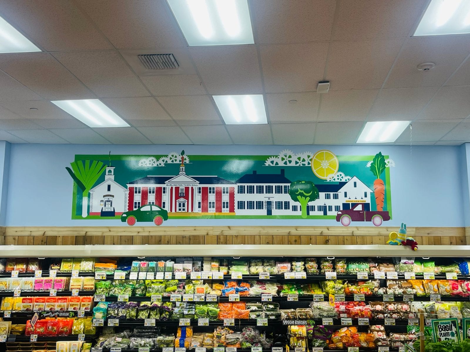 Printed mural of town buildings running above a grocery produce aisle
