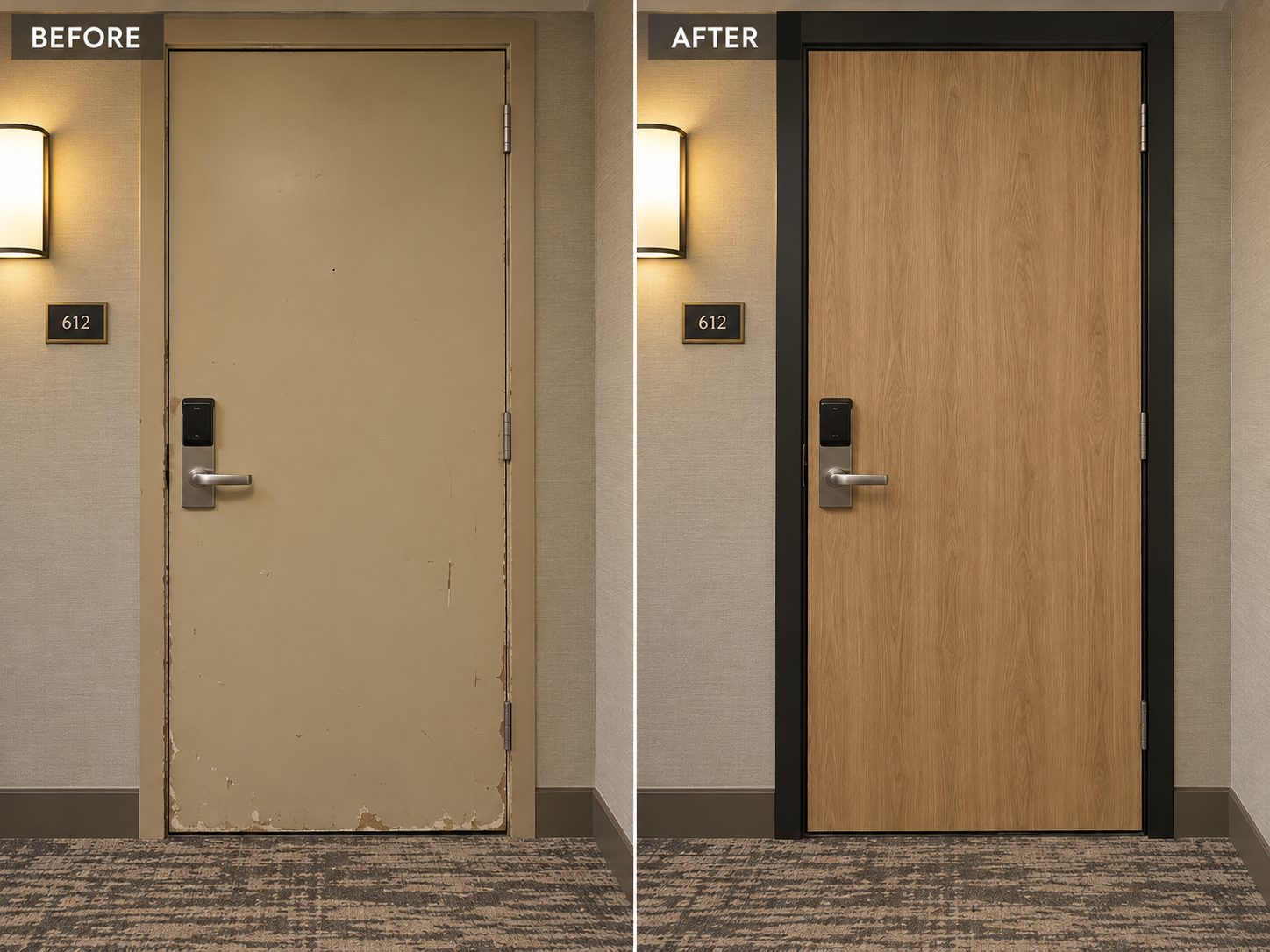 Hotel door before and after architectural film