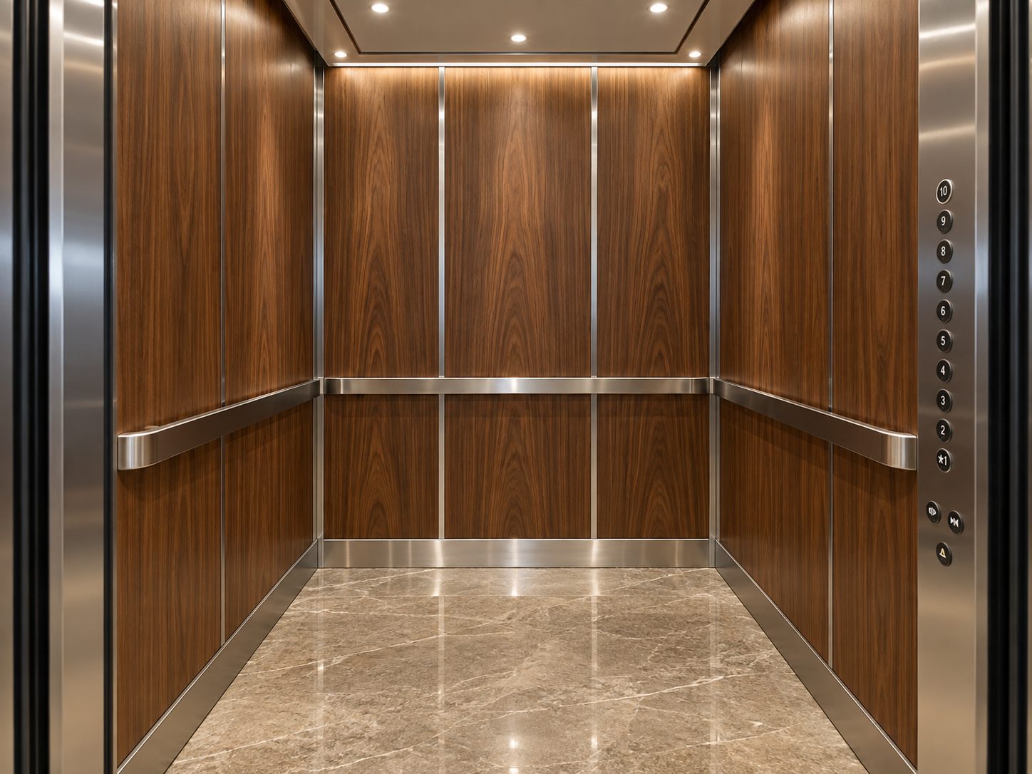 Elevator cab resurfaced in walnut wood-grain film