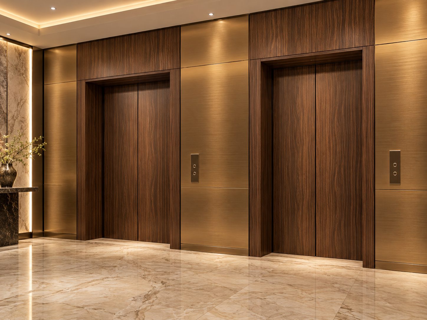 Elevator lobby resurfaced in walnut and bronze architectural film