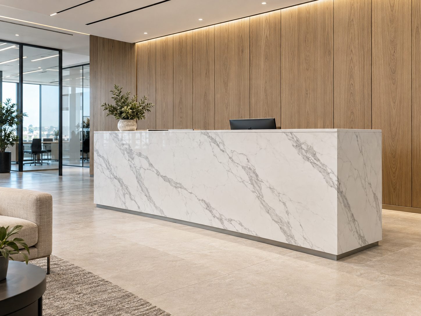 Reception desk in marble-look film with wood-grain wall