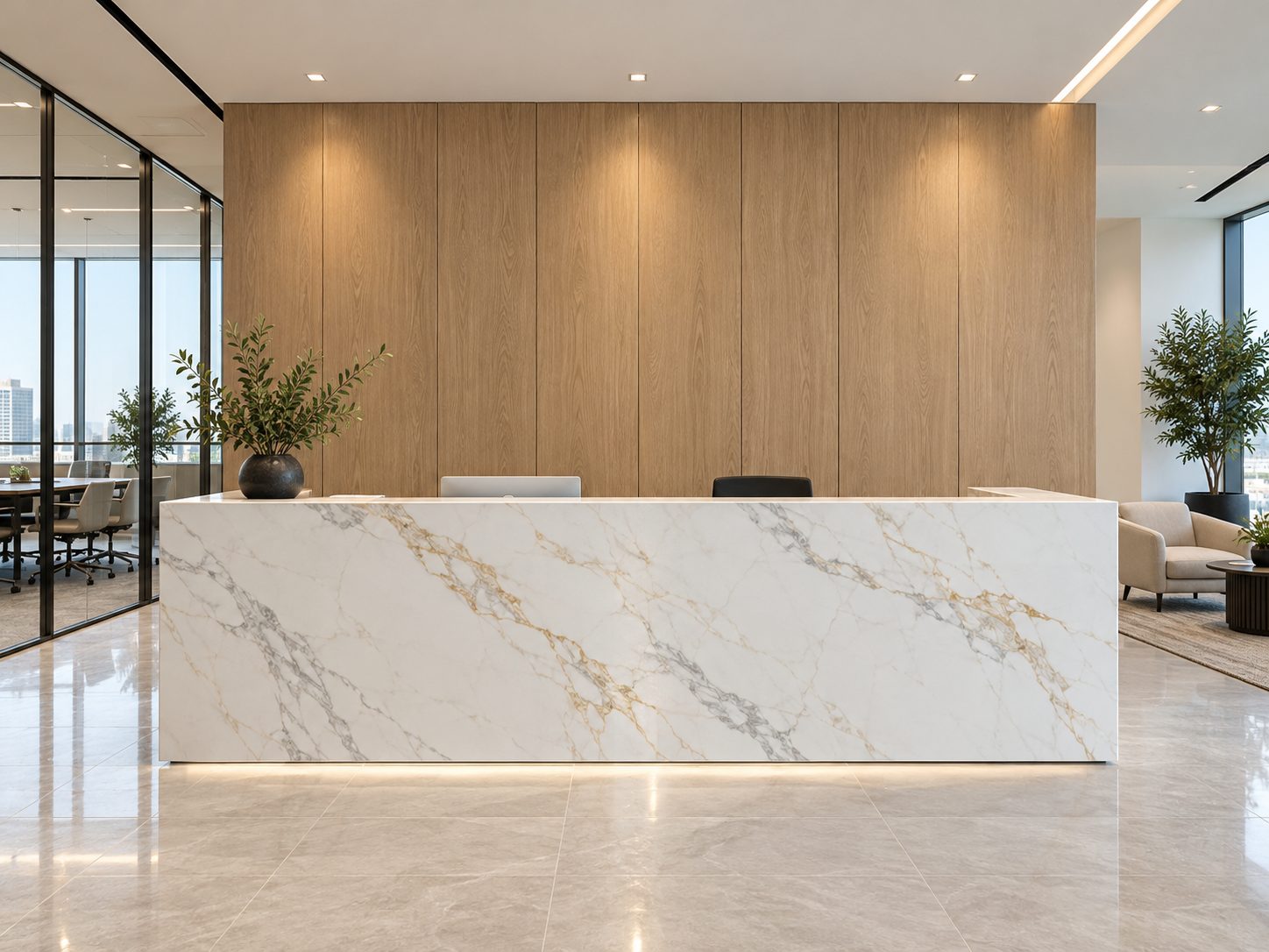 Reception desk resurfaced in marble-look film