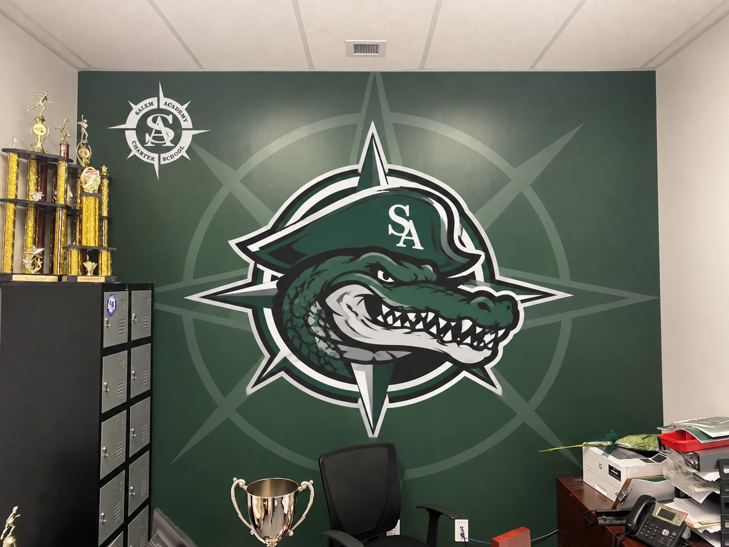 School mascot wall wrap in an athletic office