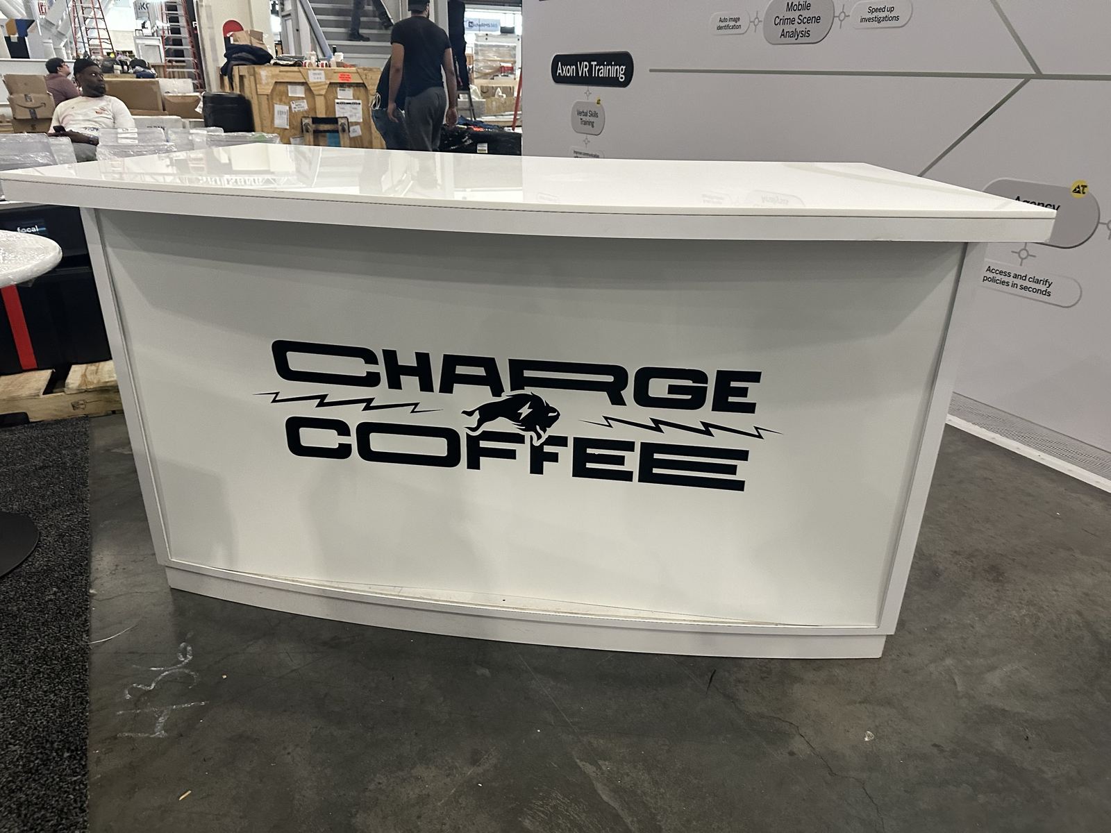 Trade show counter with logo graphics